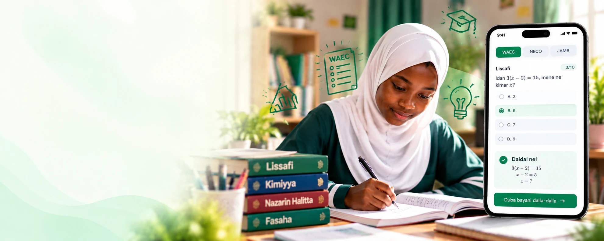 Ɗaliba tana atisayen tambayar lissafi ta WAEC a waya